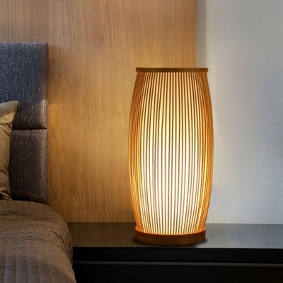 Barrel Shaped Nightstand Light Simplicity Bamboo 1-Head Wood Table Lamp for Bedroom