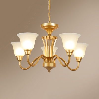 Bell Shaped Living Room Suspension Light Traditional Semi-Opaque Glass Gold Chandelier