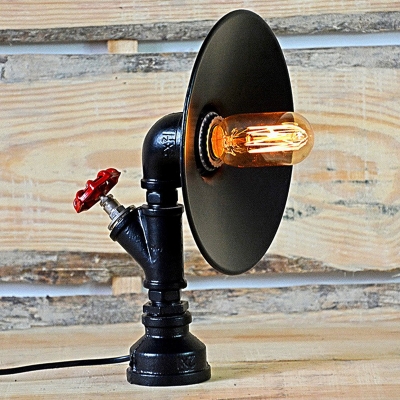 Black 1-Head Table Lamp Industrial Metal Flared Night Light with Pipe and Valve Decoration