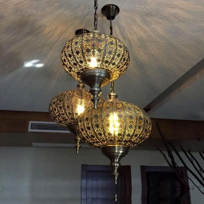 Bronze Hollowed-out Ceiling Hanging Lantern Arabic Metal Single Dining Room Pendant Light