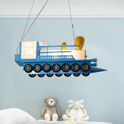 Cartoon Train LED Ceiling Pendant Light Frosted Glass Kids Bedroom Chandelier in Blue