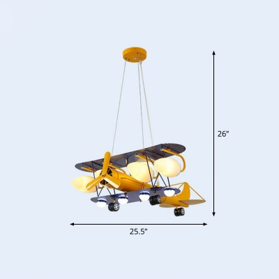 Childrens 4 Bulbs Chandelier Yellow Biplane Hanging Light Kit with Opal Glass Shade