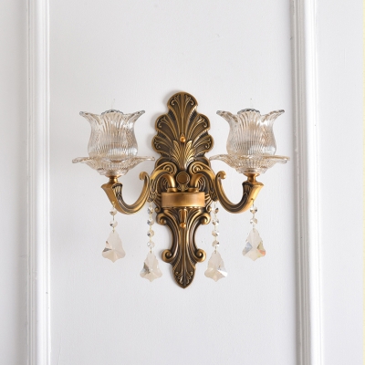 Clear Glass Antiqued Gold Sconce Light Flower Shaped Traditional Wall Lamp for Living Room