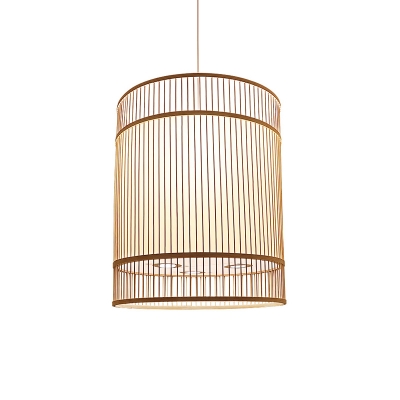 Cylinder Shaded Bamboo Suspension Light Simplicity 1-Light Wood Pendant Light Fixture