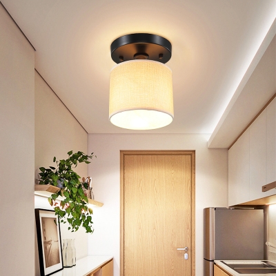 Cylindrical Corridor Small Ceiling Lamp Rustic Fabric 1 Bulb Beige Flush Mount Light Fixture