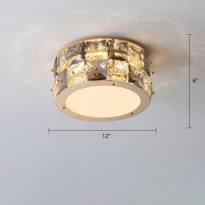Drum Bedroom Flush Mounted Lamp Clear Checkered Crystal Modern Flush Ceiling Light