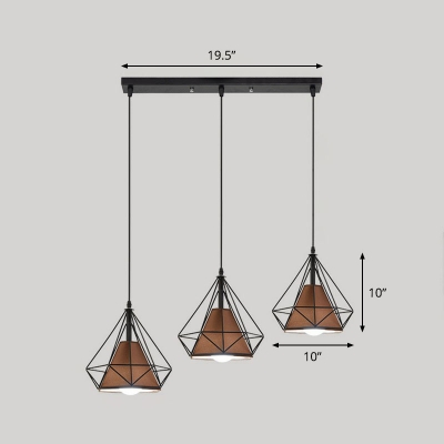 Fabric Cone Multiple Lamp Pendant Nordic 3 Heads Dining Room Hanging Light with Diamond Shaped Cage