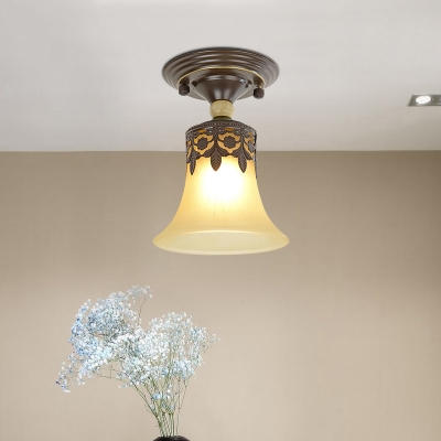 Flared Beige Glass Ceiling Lamp Vintage Single-Bulb Kitchen Semi Flush Mount Light with Filigree