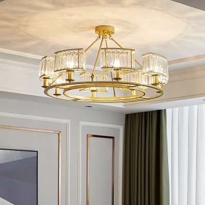Gold Circular Chandelier Light Fixture Postmodern Crystal Block Suspension Lamp for Dining Room