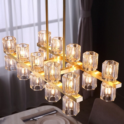 Gold Finish Cylindrical Island Pendant Postmodern Crystal Prism Hanging Ceiling Light