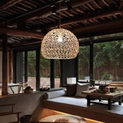 Hemispherical Pendant Light Contemporary Rattan Single-Bulb Restaurant Suspension Lighting in Wood