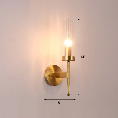 Minimalism Cylindrical Wall Sconce Lamp Clear Ribbed Glass 1-Light Living Room Wall Light in Gold