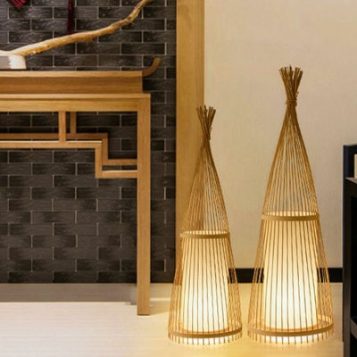 Modern Conic Floor Light Bamboo 1-Light Living Room Standing Lamp with Cylindrical Shade