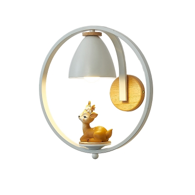 Nordic Bell Shade Wall Sconce Metal 1 Bulb Bedroom Wall Light Fixture with Metal Ring and Resin Statuette in White