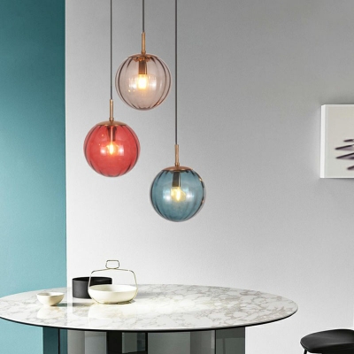 Postmodern 1-Bulb Drop Pendant Pumpkin Ball Hanging Light Kit with Ribbed Glass Shade
