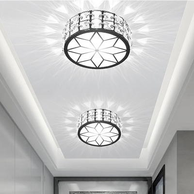 Round Beveled Crystal LED Ceiling Lighting Minimalist Black Flush Mounted Light for Hallway