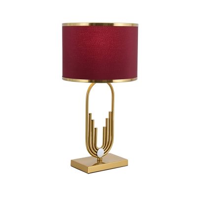 Round Fabric Table Light Traditional Single Living Room Nightstand Lighting with Metal Oblong in Red