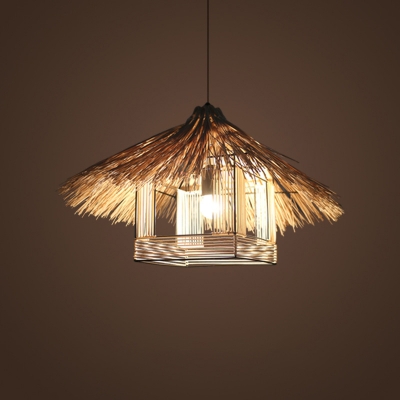 Shaded Rattan Suspension Lighting Minimalist 1 Head Wood Pendant Ceiling Light Fixture