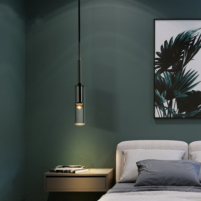 Simplicity Cylinder Pendulum Light Smoke Grey Glass 1-Light Bedroom Down Lighting Pendant in Black