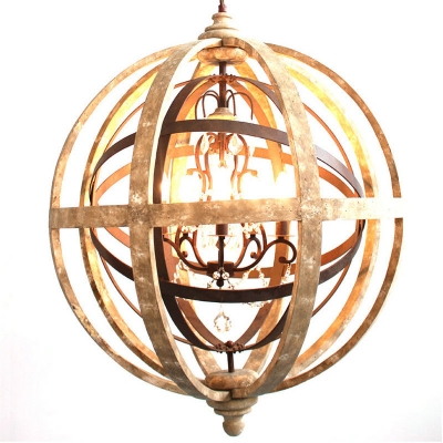 Traditional Globe Ceiling Lighting 4 Bulbs Distressed Wood Chandelier Light Fixture for Restaurant