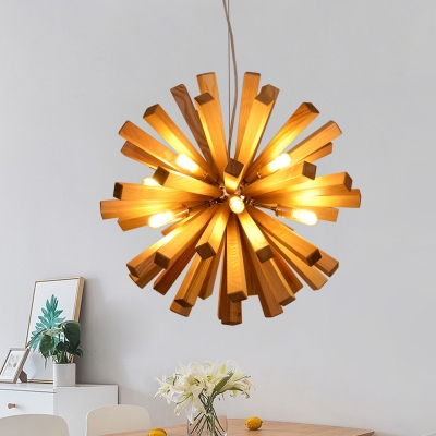 Urchin Shaped Chandelier Pendant Light Designer Wooden 10-Bulb Dining Room Suspension Lamp