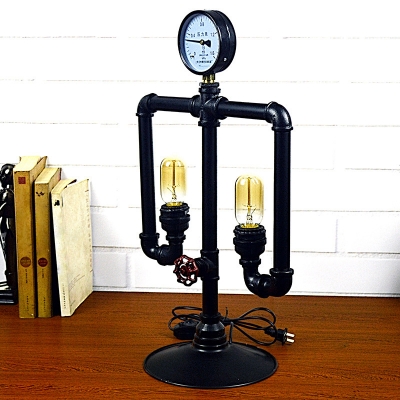 Vintage Robot Shaped Nightstand Lamp 2 Heads Metallic Table Lighting with Pressure Gauge in Black
