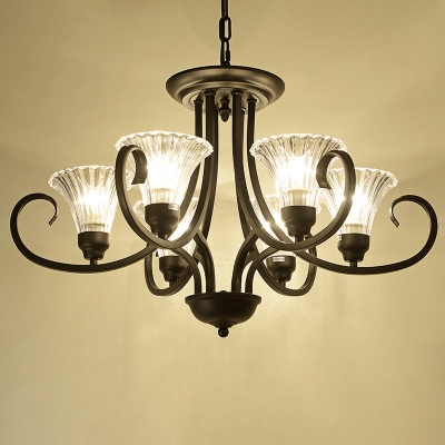 Vintage Scrolling Pendant Lighting Metal Chandelier with Flared Blown Rib Glass Shade in Black