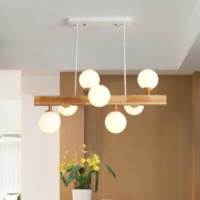 Wood Bubbles Island Light Fixture Nordic 7-Light White Glass Suspension Pendant for Dining Room