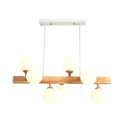 Wood Bubbles Island Light Fixture Nordic 7-Light White Glass Suspension Pendant for Dining Room