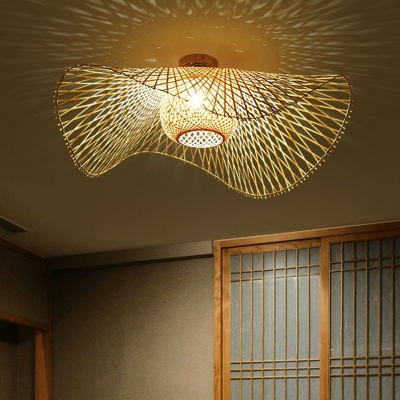 Wood Lotus Leaf Ceiling Light Fixture South-East Asia Single Bamboo Flushmount Lighting