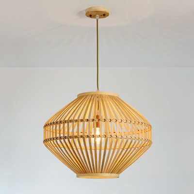 Bamboo Geometric Hanging Lamp Asian 1-Light Beige Pendant Light Kit for Restaurant