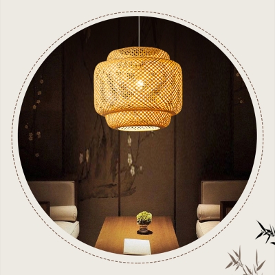 Bamboo Lantern Suspension Lighting Minimalist 1 Head Wood Pendant Ceiling Light for Restaurant