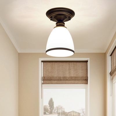 Bell Opal Glass Semi Flush Mount Vintage Single Entryway Ceiling Mounted Light in Gold-Black
