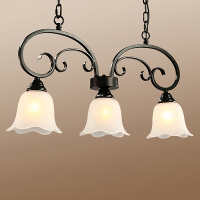 Black Scrolls Suspension Light Vintage Metal 3-Head Dining Room Island Lamp with Floral White Glass Shade