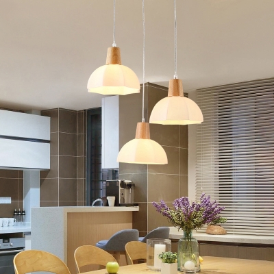 Bowl Dining Room Multi Pendant Ceiling Light White Glass 3-Head Nordic Hanging Lamp in Wood