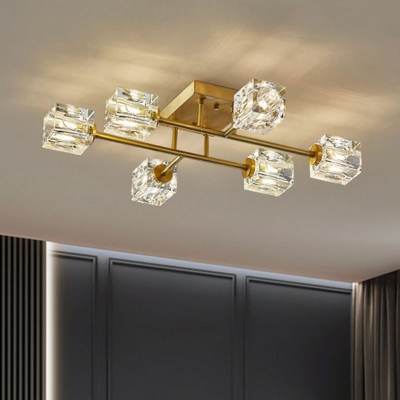 Branch Semi Mount Lighting Postmodern Crystal Block Living Room Ceiling Flush Light in Gold