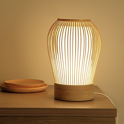 Bulb Shaped Bamboo Table Lamp Japanese Style 1 Head Wood Nightstand Light for Bedroom