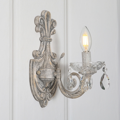 Candlestick Crystal Wall Light Fixture Vintage Corridor Wall Mounted Lamp in Distressed White