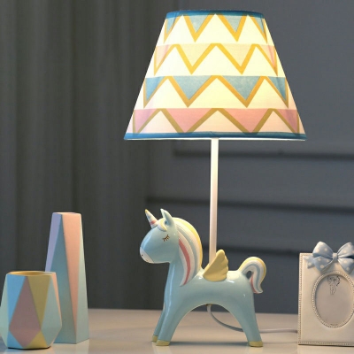 Cartoon Empire Shade Table Light Fabric Single Kids Bedroom Nightstand Lamp with Unicorn Base
