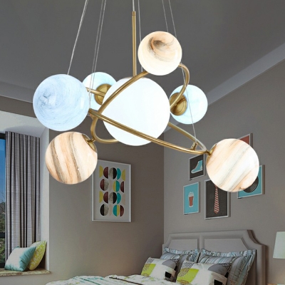 Childrens Cosmos Planet Chandelier Stained Glass Bedroom Hanging Light Fixture in Gold