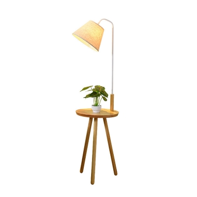 Conical Fabric Floor Light Nordic Single-Bulb Stand Up Lamp with Wooden Tripod Table