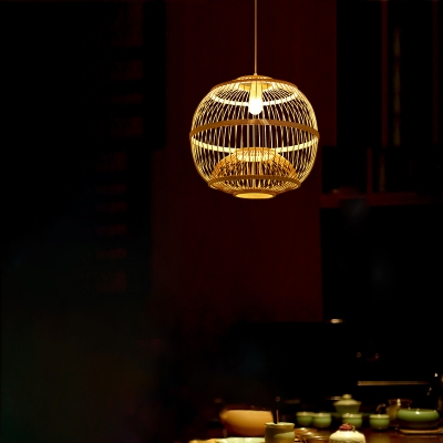 Contemporary Sphere Pendant Light Bamboo Single-Bulb Restaurant Suspension Light in Wood