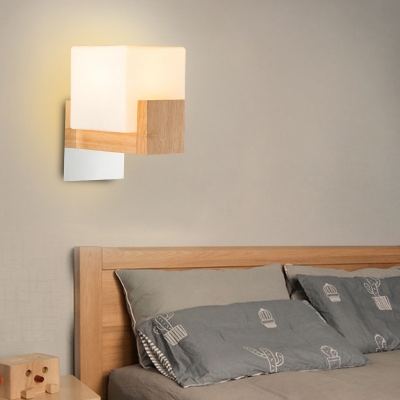 Cubic Stairs Wall Lighting Ideas White Glass 1-Light Simple Style Wall Sconce in Wood