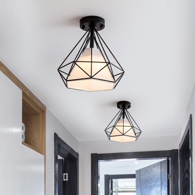 Diamond Corridor Flush Mount Ceiling Light Nordic Iron 1 Bulb Semi Flush Light with Fabric Shade Inside