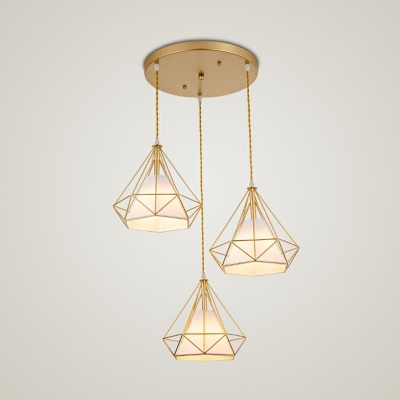 Diamond Iron Cluster Pendant Lighting Nordic 3-Light Restaurant Hanging Lamp with Inner Fabric Shade
