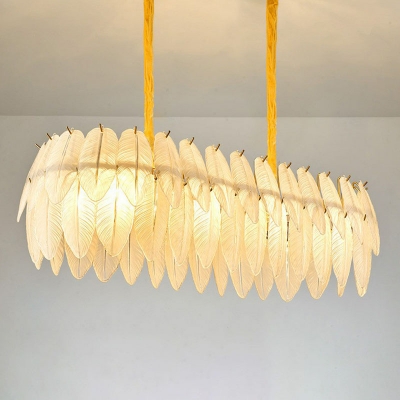 Elongated Oval Feather-Glass Pendant Light Contemporary 12 Bulbs White Hanging Island Light