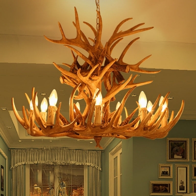 Faux Antler Living Room Chandelier Rustic Resin Hanging Light Fixture with Open Bulb Design