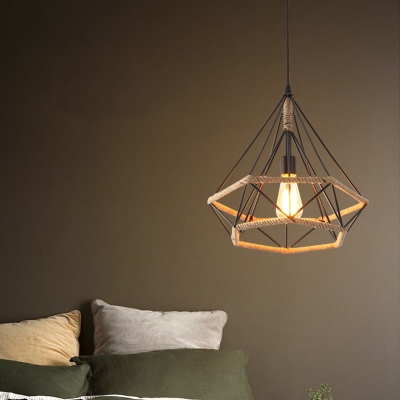 Flaxen Shaded Pendant Lighting Fixture Rustic Rope 1-Head Living Room Ceiling Hang Lamp