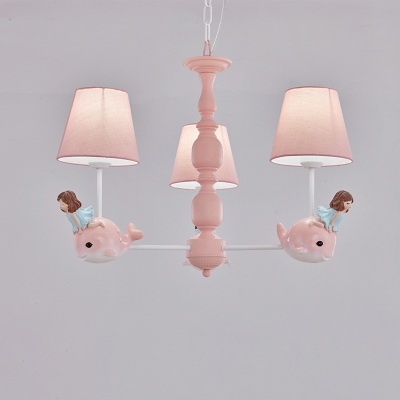 Girl and Whale Chandelier Light Cartoon Resin Bedroom Ceiling Suspension Lamp with Conic Fabric Shade