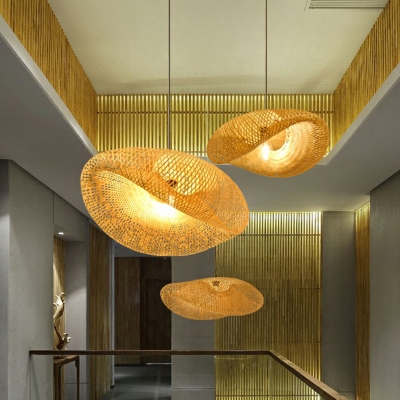 Novelty Modern Cap Shaped Pendant Bamboo 1 Light Stairway Ceiling Suspension Lamp in Wood